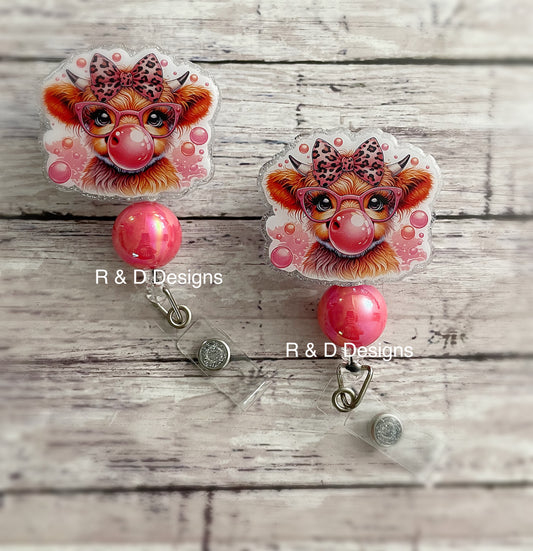Bubblegum Highland Cow Retractable Badge Reel