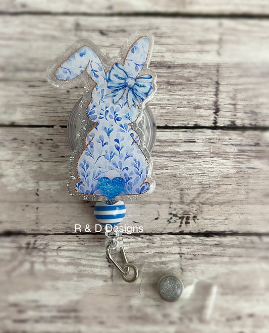 Blue China Pattern Easter Bunny Badge Reel
